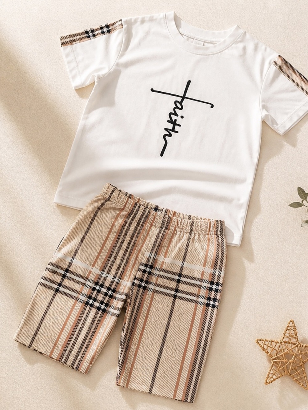Men's Beige Plaid Elastic-Waist Shorts